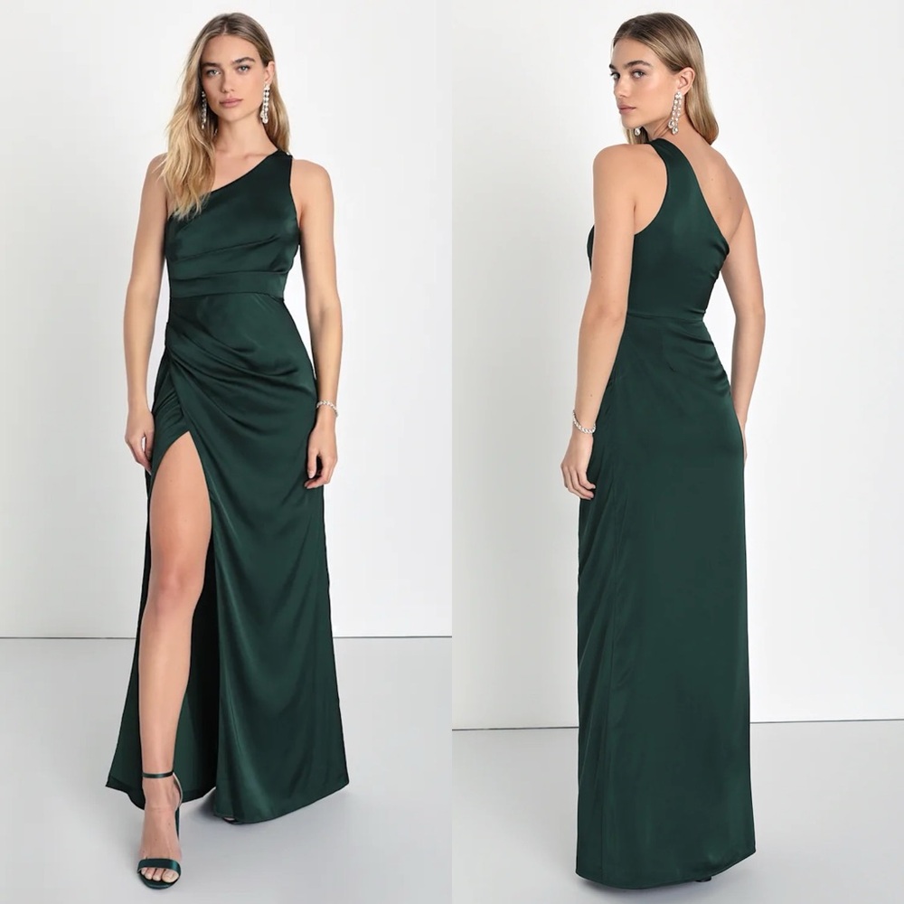 Lulus | Dreaming of Elegance Emerald/Teal Satin One-Shoulder Maxi Dress